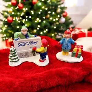 (2) Dept 56 Original Snow Village Kids Decorate Village Sign & Shopping Girl